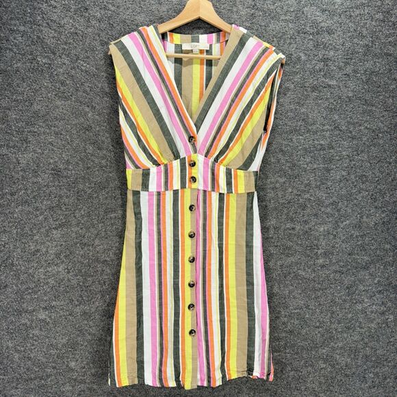 Loft Dress Women 2P Petite Yellow Striped Sheath Midi Button V-Neck Sleeveless - Picture 1 of 7